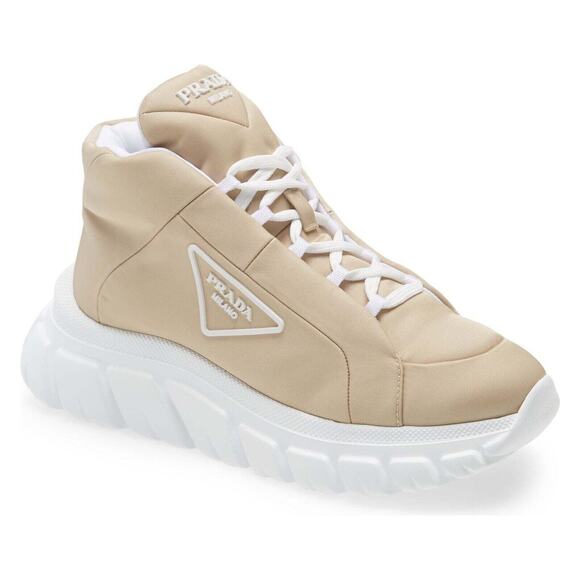 Prada Rush Piuma Nylon Beige White Platform Flat High Top Trainer Sneaker 38.5 - Picture 2 of 12